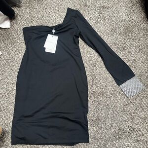 Bombshell Sportswear Black One-Shoulder Dress with Silver Cuff